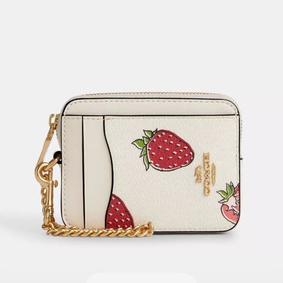 Coach Zip Card Case With Strawberry Print Wallet Bag Purse - Picture 9 of 11